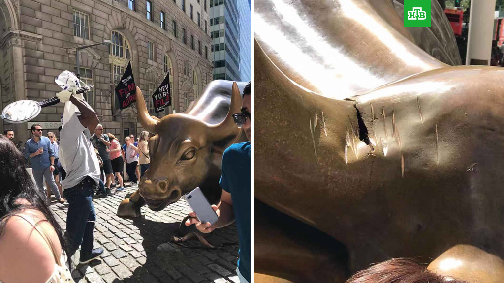 Статуя быка с яйцами в нью йорке