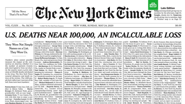 The New York Times опубликовала на первой полосе имена умерших от коронавируса.США, болезни, журналистика, коронавирус, смерть, эпидемия.НТВ.Ru: новости, видео, программы телеканала НТВ
